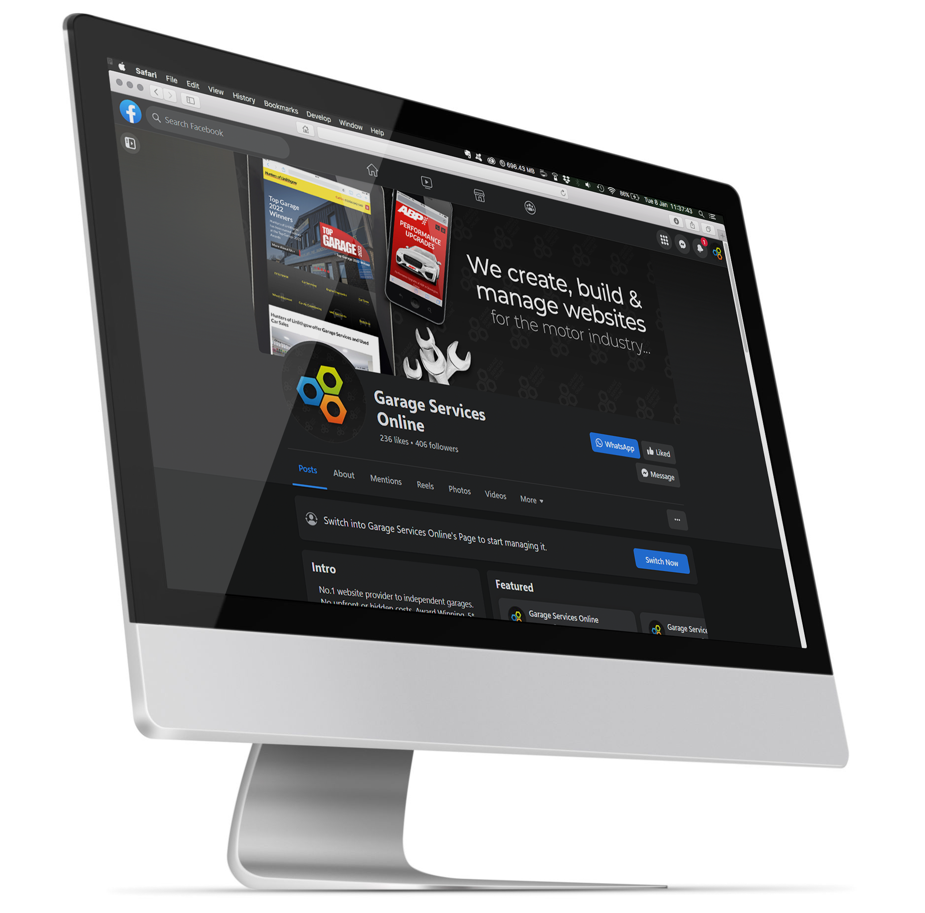 Optimise Facebook - Image of Garage Services Online Facebook page on a desktop monitor